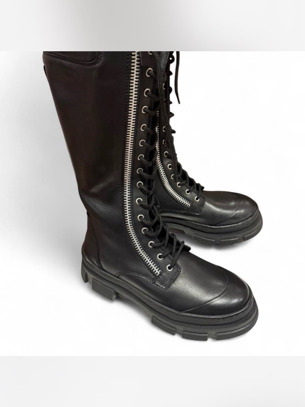 Aldo Black Lace-Up Knee-High Combat Boots with Silver Zip